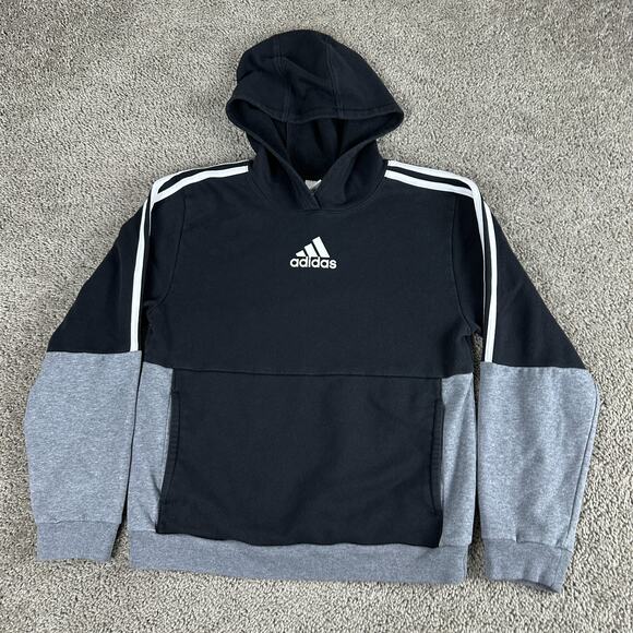 Adidas Hoodie Boys Extra Large Black Gray 3 Stripes Long Sleeve Pullover - Picture 1 of 11